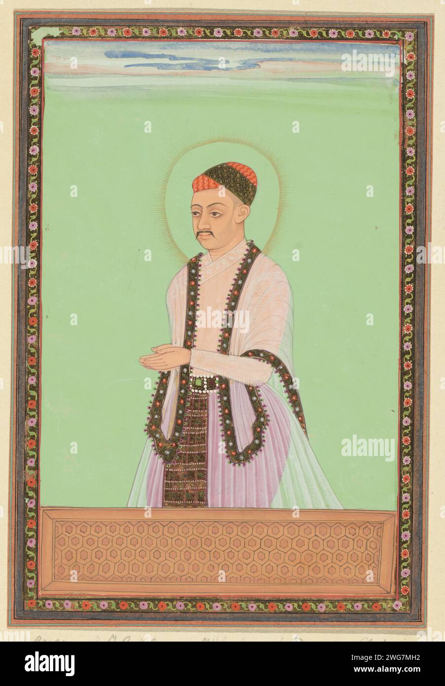 Portrait of Sultan Ibrahim, son of Bara Malik, ruled after his father over Golconda, c. 1686 drawing. Indian miniature Sultan Ibrahim is depicted up to his hips, used to half to the left, his hands folded in front of him. Page 19b in the `Witsen album ', with 49 Indian miniatures of princes. Above the portrait a piece of paper with the name in Persian. Under the portrait a piece of paper with the name in the Portuguese. Golkonda paper. deck paint. gold leaf. gouache (paint) brush ruler, sovereign. historical person (...) - historical person (...) portrayed alone Stock Photo